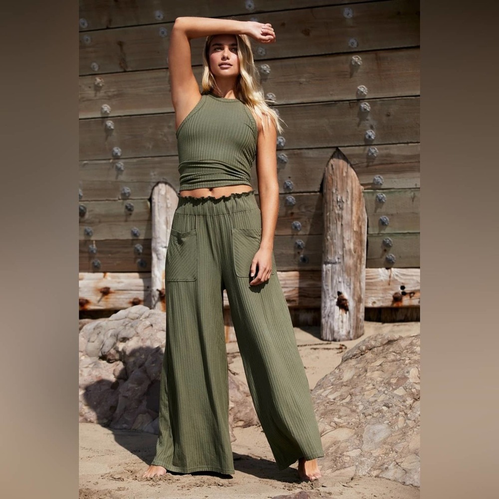 Free People Olive Green Wide Leg Ribbed Pants
